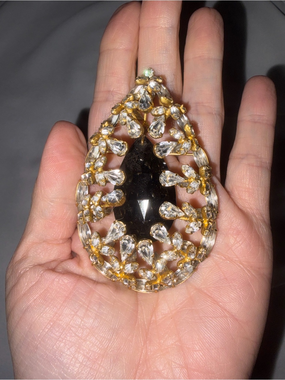 Vintage signed BRANIA Large Black & Clear Rhinestone Statement Brooch Gold Tone